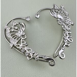 Silver Tone Butterfly Ear Cuffs Climber Hooks Rhinestone Fairycore Whimsical